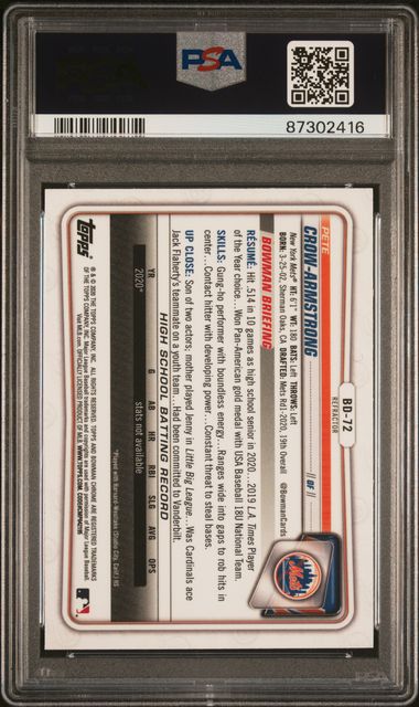 2020 Bowman Draft P.crow-Armstrong #Bd72 (Chrome-Refractor) Gem Mt 10 back