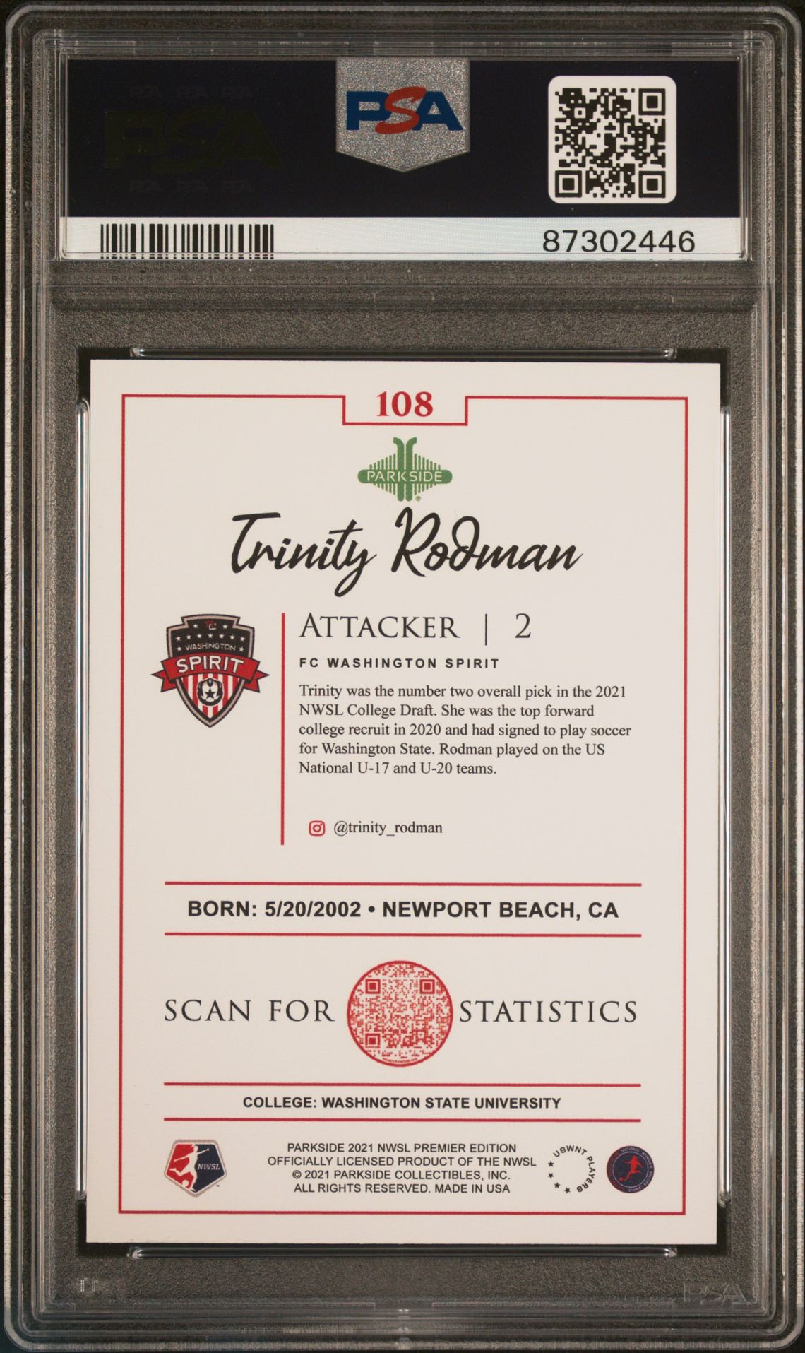 2021 Parkside Nwsl Premier Edition Trinity Rodman #108 Mint 9 back