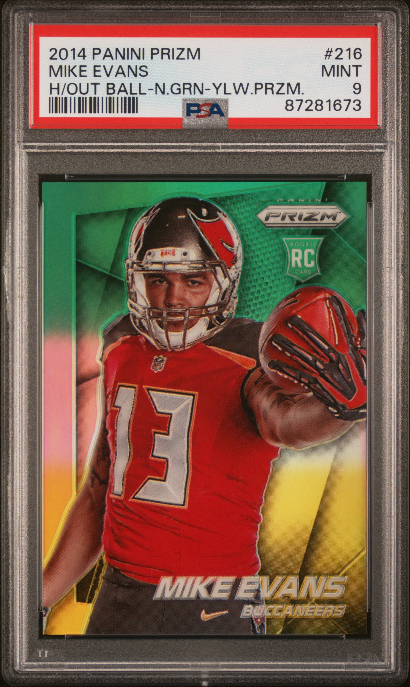 2014 Panini Prizm Holding Out Ball-Neon Green-Yellow Prizm #216 Mike Evans Rookie Card – PSA MINT 9