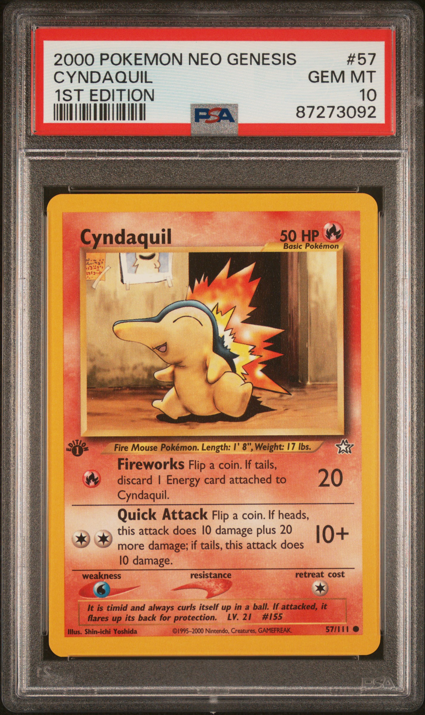 2000 Pokemon Neo Genesis 1st Edition #57 Cyndaquil – PSA GEM MT 10