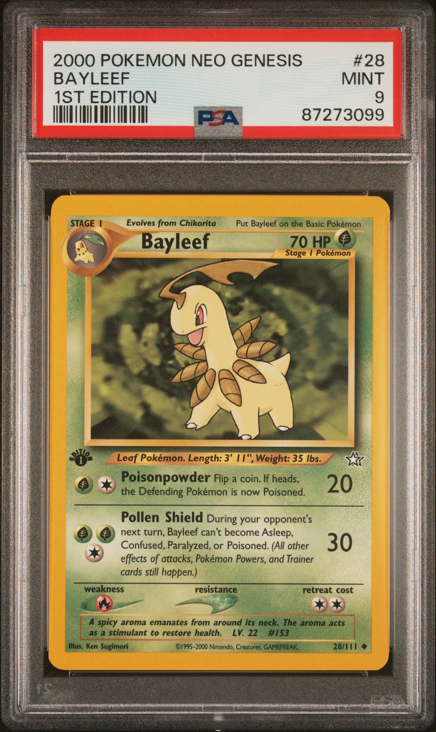 2000 Pokemon Neo Genesis 1st Edition #28 Bayleef – PSA MINT 9