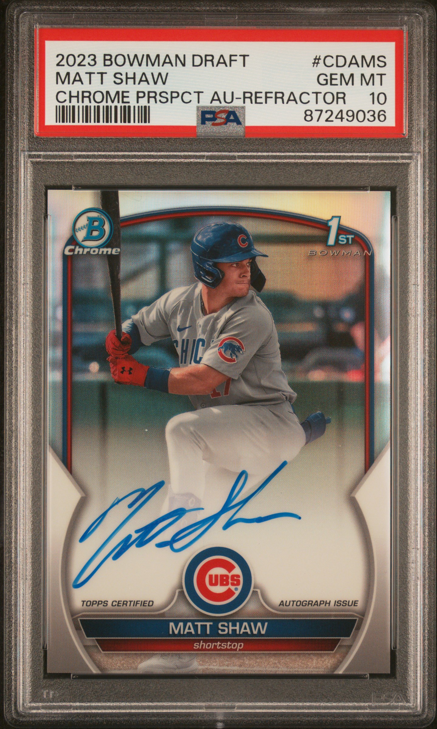 2023 Bowman Draft Chrome Prospect Autograph Matt Shaw #Cdams (Chrome Prspct Au-Refractor) Gem Mt 10 front