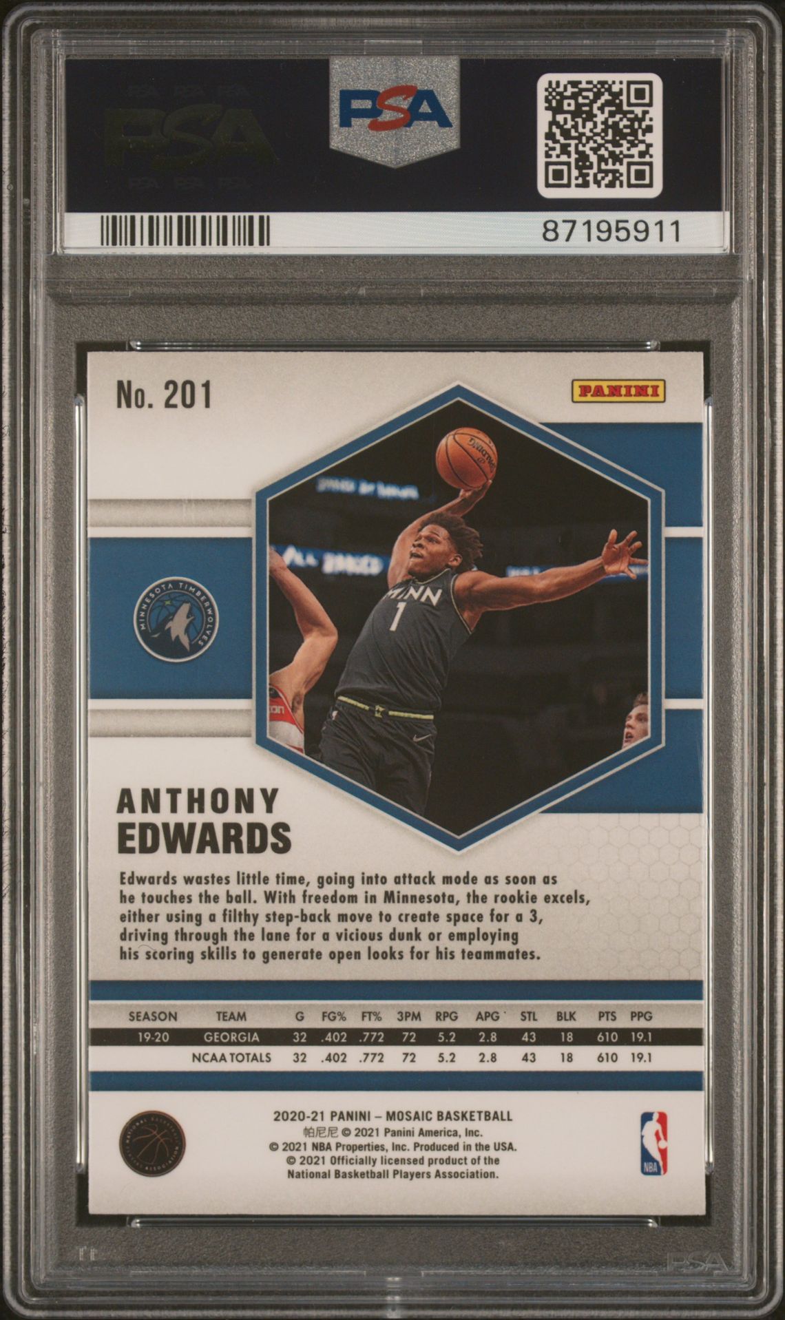 2020 Panini Mosaic Anthony Edwards #201 Gem Mt 10 back