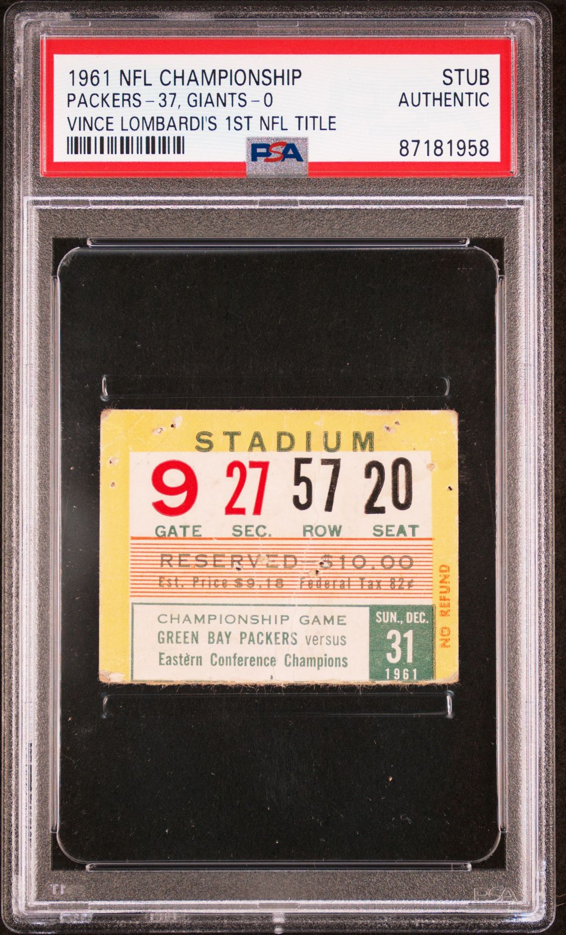 1961 Nfl Championship-Stub Packers-37, Giants-0 #Stub (Vince Lombardi 1St Nfl Title) N0: Authentic front