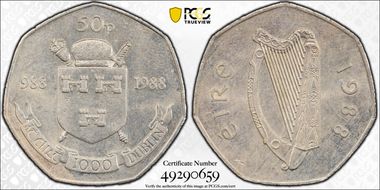1988 50p Dublin Millennium AU58