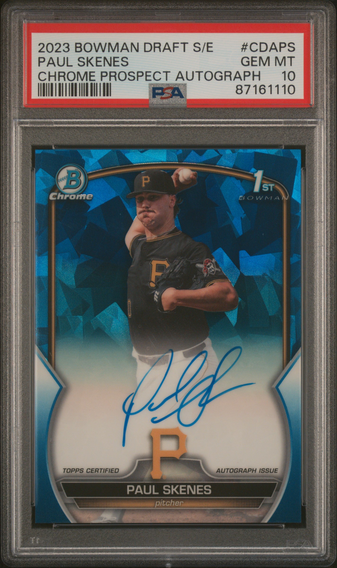 2023 Bowman Draft Sapphire Edition Chrome Prospect Autographs #CDAPS Paul Skenes Signed Rookie Card (#170/199) – PSA GEM MT 10