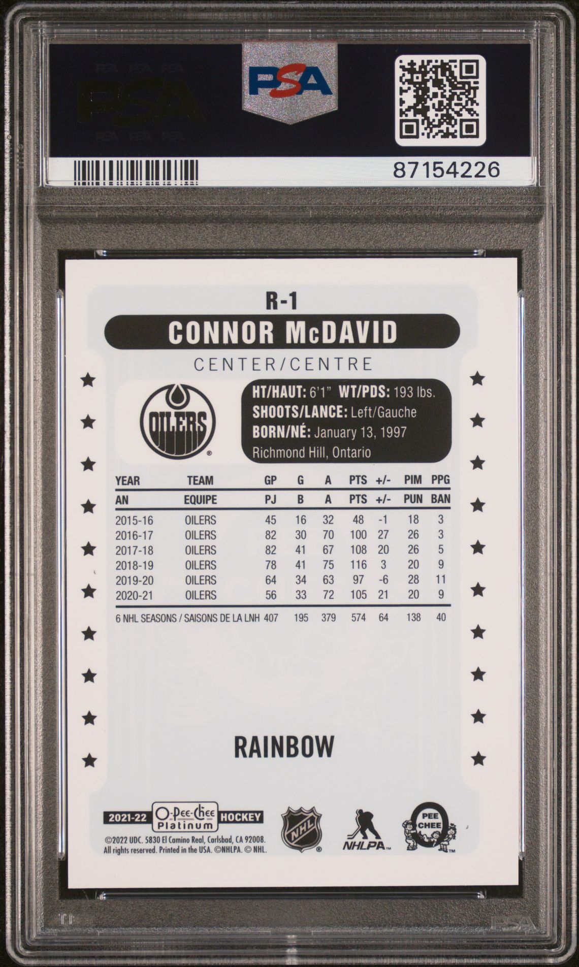 2021 Upper Deck O-Pee-Chee Platinum Retro Connor Mcdavid #R1 (Retro-Rainbow) Mint 9 back