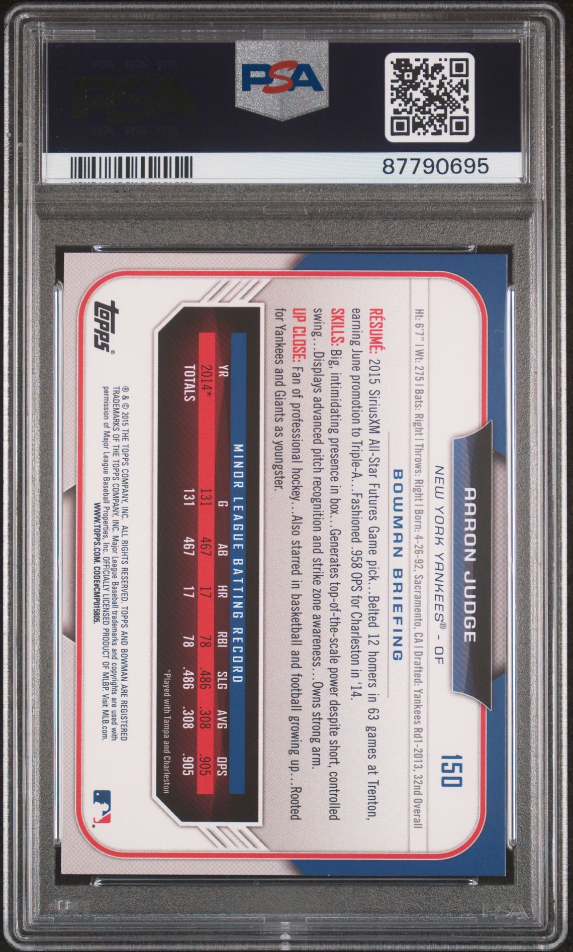 2015 Bowman Draft Aaron Judge #150 Gem Mt 10 back view - PSA certificate #87790695