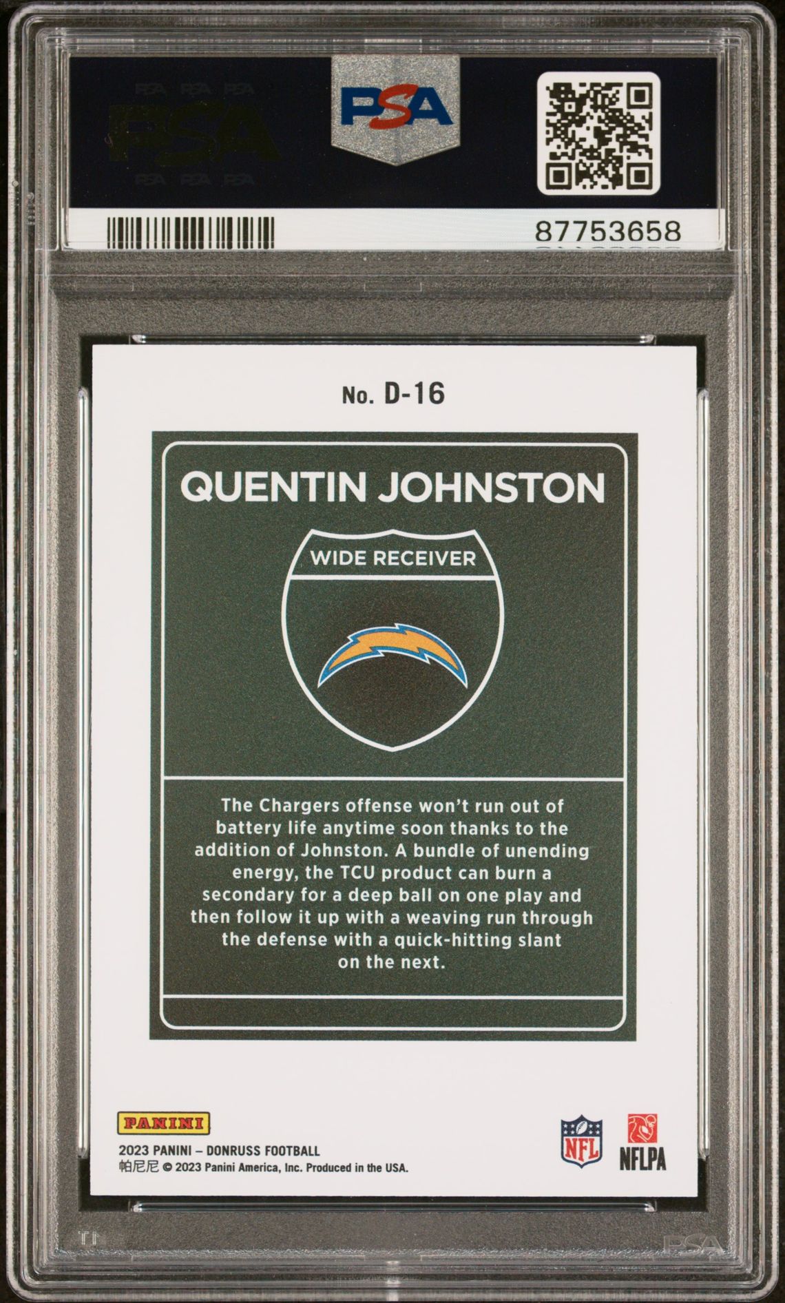 2023 Panini Donruss Downtown! Quentin Johnston #D16 Gem Mt 10 back