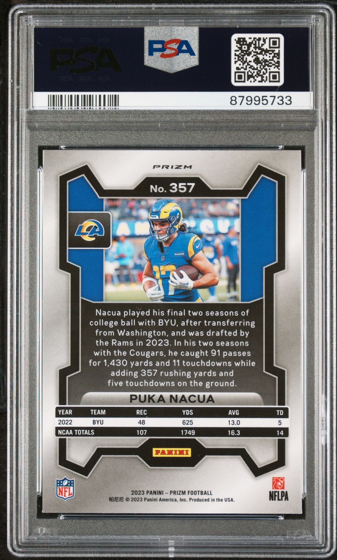 2023 Panini Prizm Puka Nacua #357 (Press Proof Prizm) Gem Mt 10 back