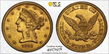 1861 $5 AU58+