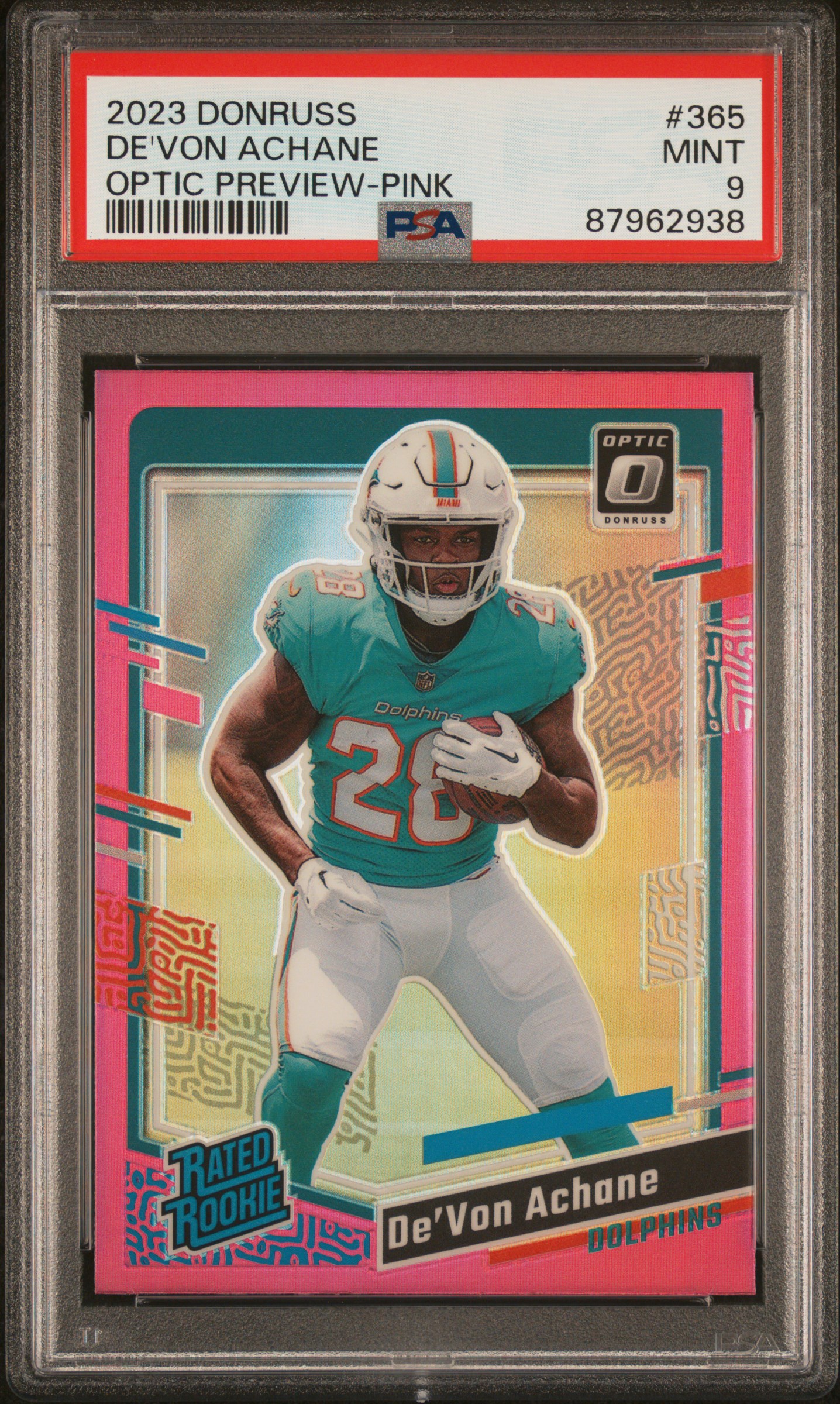 2023 Panini Donruss Optic Preview-Pink Rated Rookie #365 De'Von Achane Rookie Card – PSA MINT 9