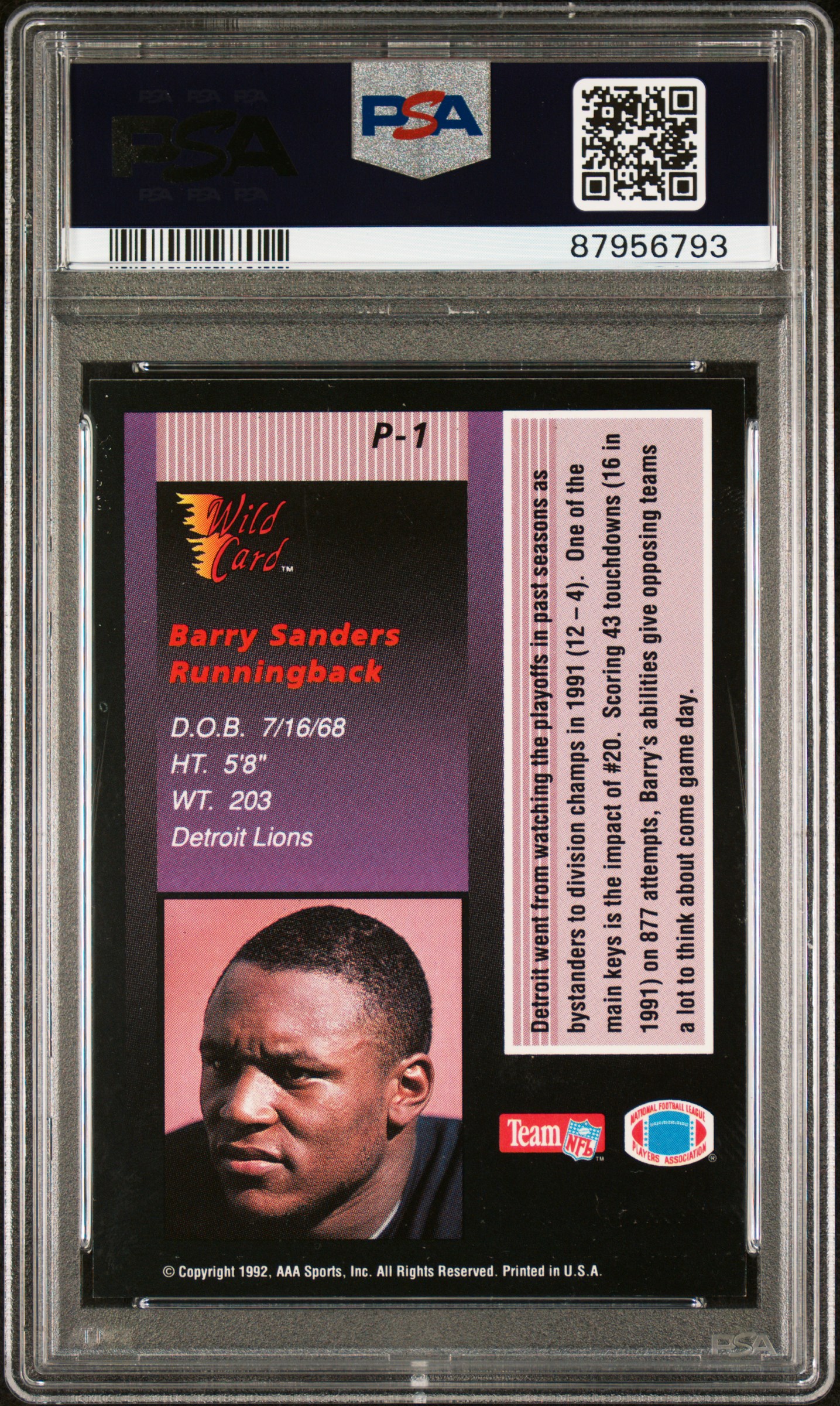 1992 Wild Card Stat Smashers Barry Sanders #P-1 (Stat Smashers-Promo) Mint 9 back