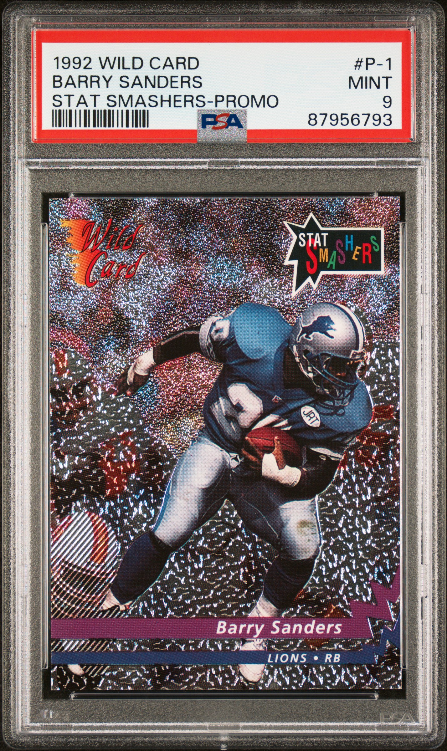 1992 Wild Card Stat Smashers Barry Sanders #P-1 (Stat Smashers-Promo) Mint 9 front