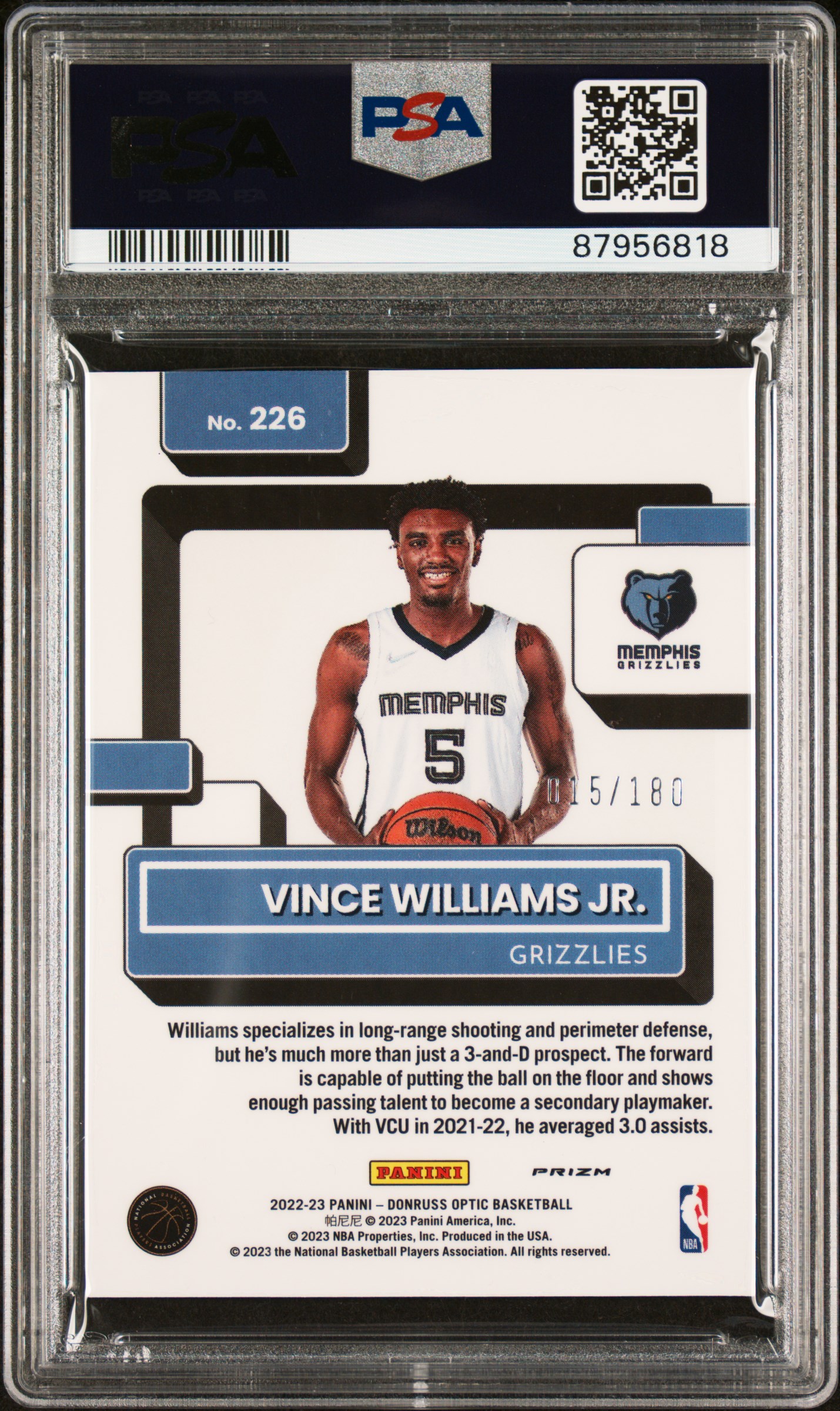 2022 Panini Donruss Optic Vince Williams Jr. #226 (Blue Sparkle) Gem Mt 10 back