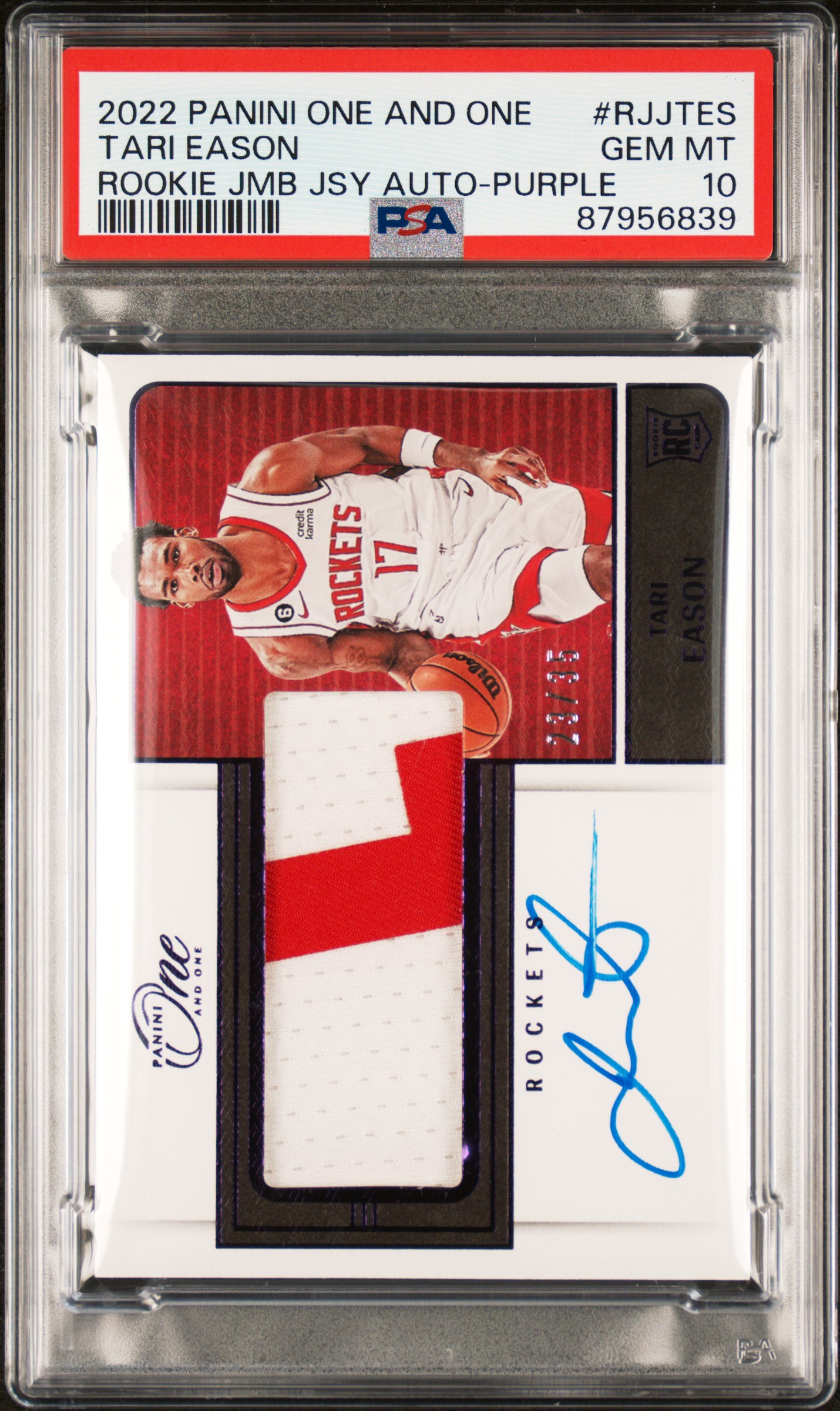 2022 Panini One And One Rookie Jumbo Jersey Autographs Tari Eason #Rjjtes (Rookie Jmb Jsy Auto-Purple) Gem Mt 10 front