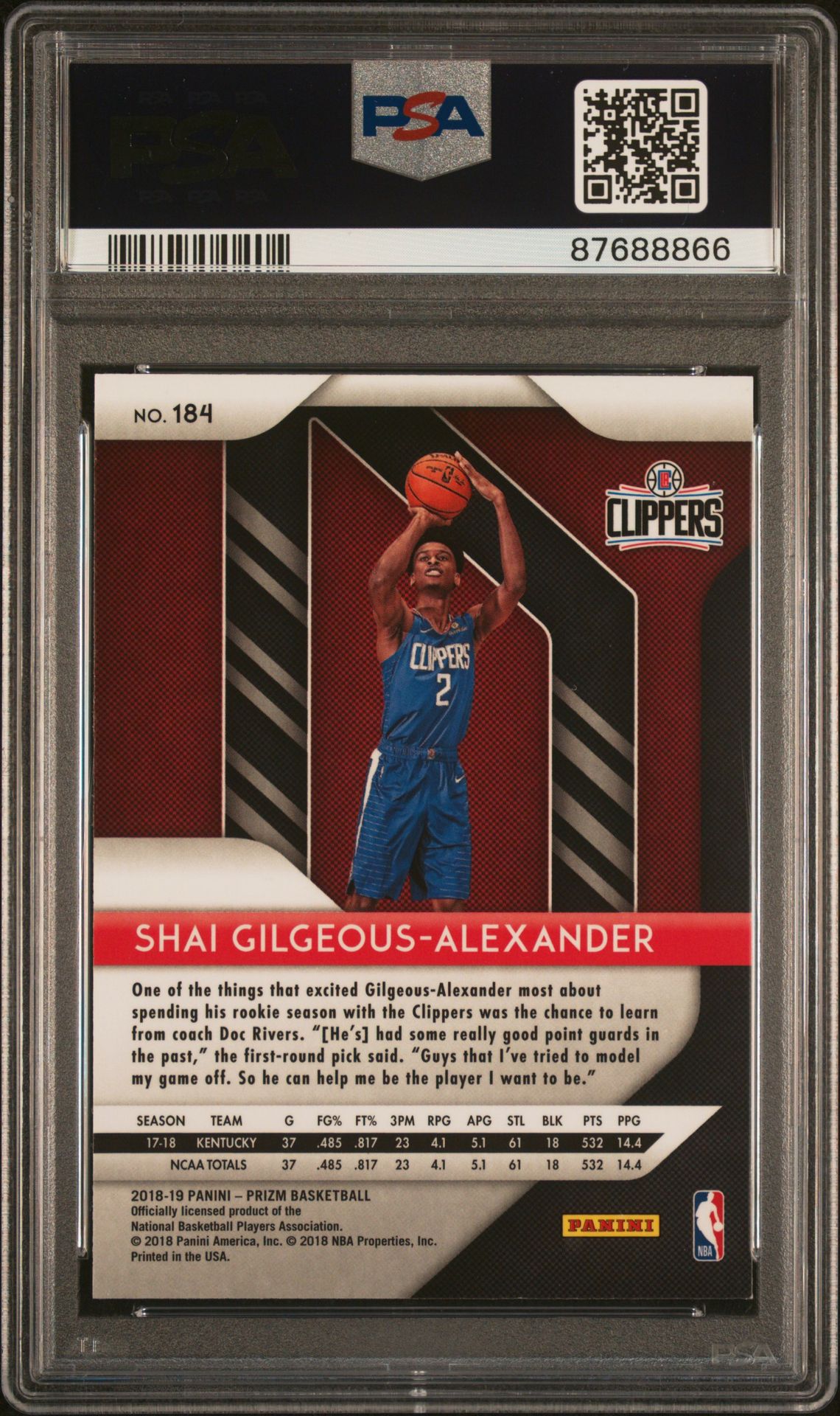 2018 Panini Prizm S.gilgeous-Alexander #184 Gem Mt 10 back