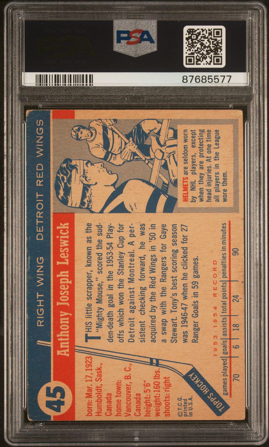 1954 Topps Tony Leswick #45 Vg 3 back