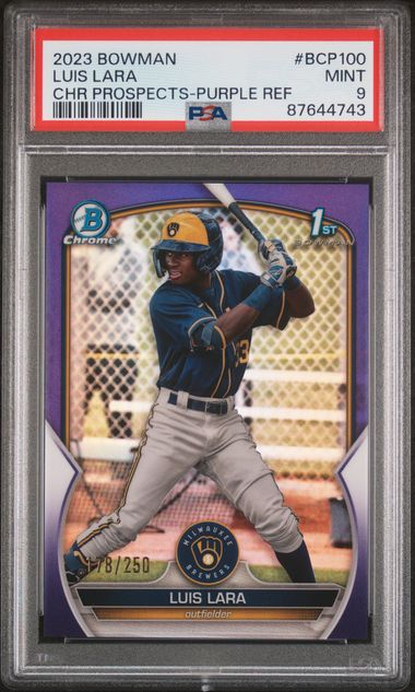 2023 Bowman Bowman Chrome Purple Refractor #BCP100 Luis Lara front