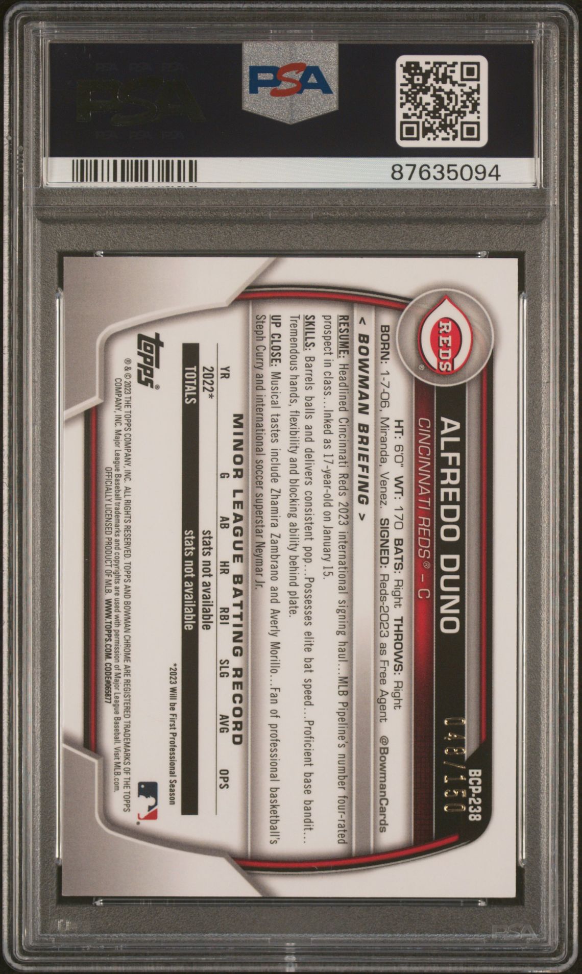 2023 Bowman Chrome Prospects Alfredo Duno #Bcp238 (Prospects-Blue Refractor) Gem Mt 10 back