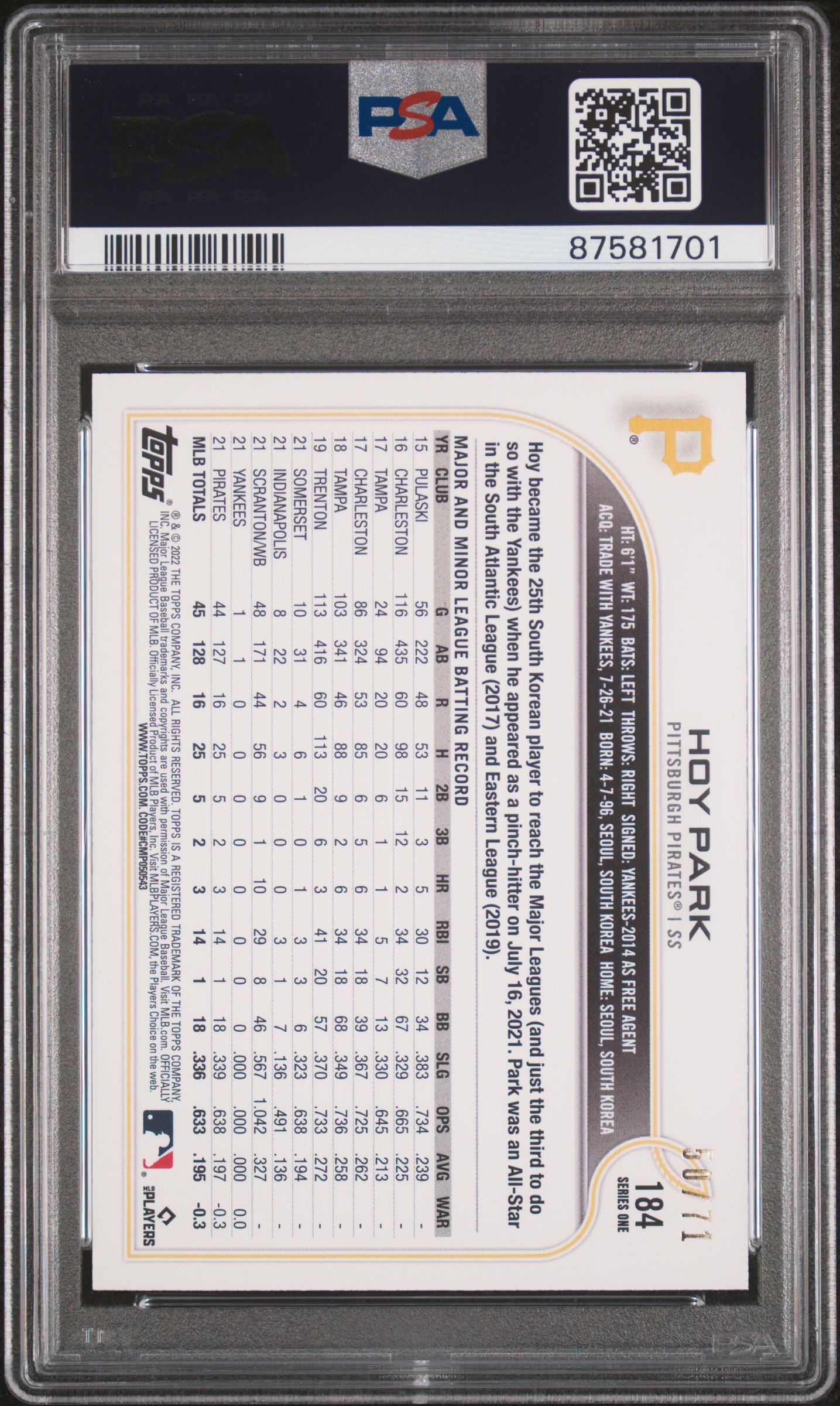 2022 Topps Hoy Park #184 (Black) Gem Mt 10 back