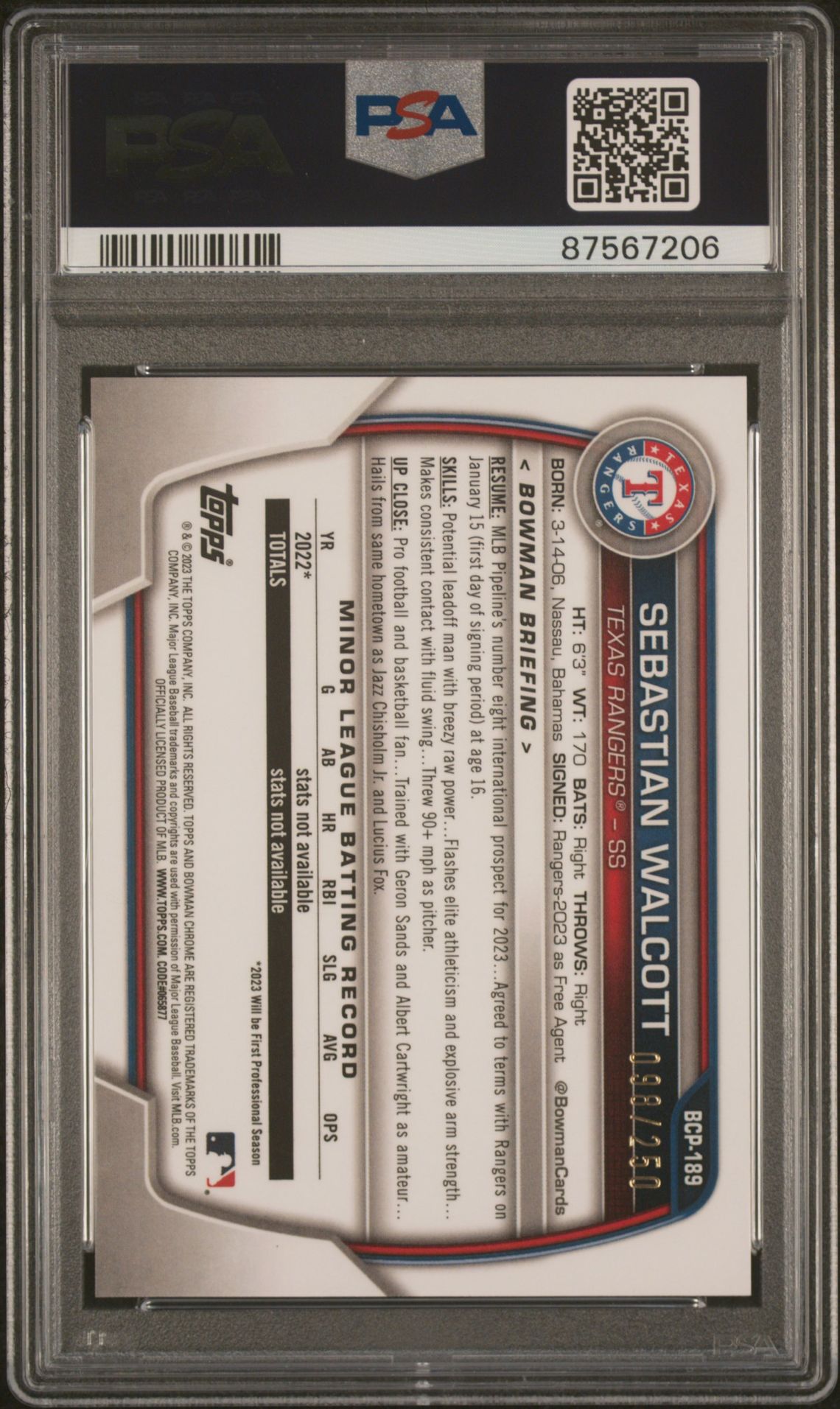 2023 Bowman Chrome Prospects Sebastian Walcott #Bcp189 (Prospects-Purple Refractor) Mint 9 back