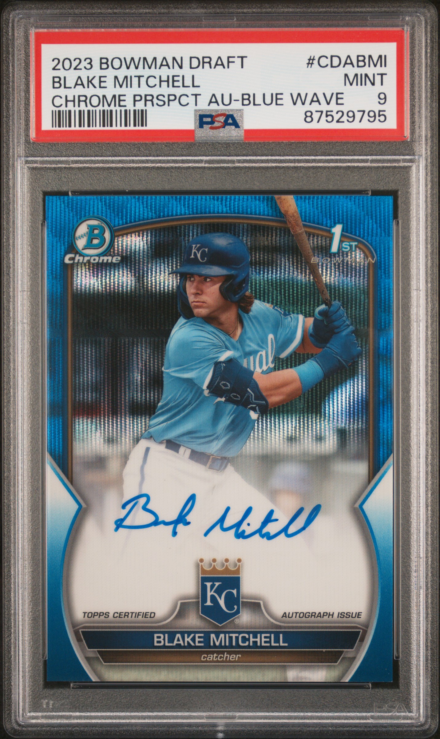 2023 Bowman Draft Chrome Prospect Autograph Blue Wave #CDABMI Blake Mitchell Signed Rookie Card (#072/150) – PSA MINT 9