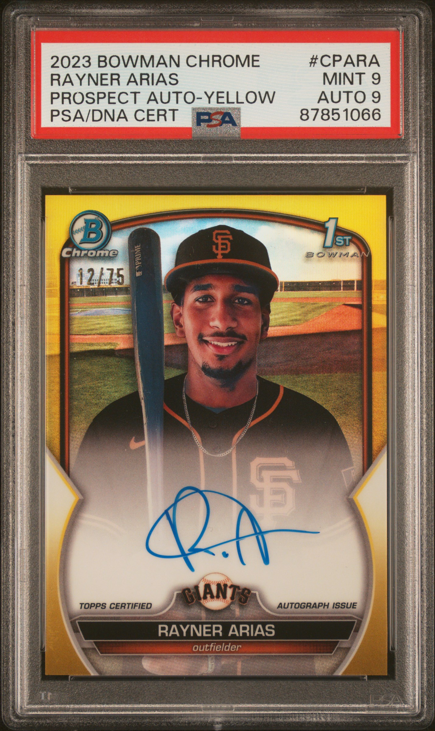 2023 Bowman Chrome Prospect Autographs Yellow #CPARA Rayner Arias Signed Rookie Card (#12/75) – PSA MINT 9 MINT, PSA/DNA MINT 9