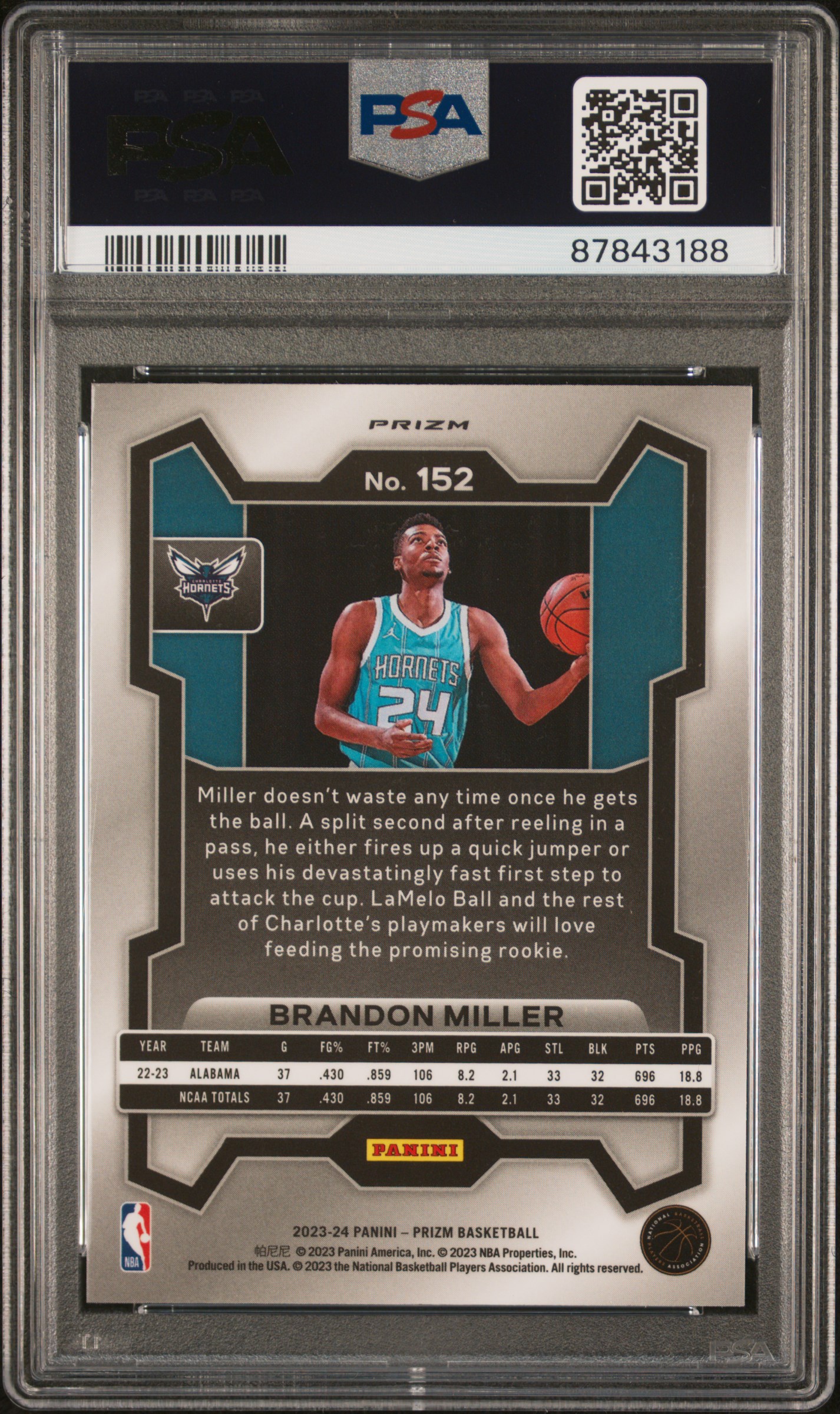 2023 Panini Prizm Brandon Miller #152 (Ice) Mint 9 back