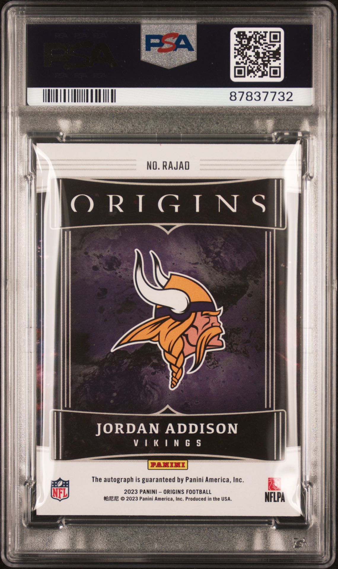 2023 Panini Origins Origins Autographs Jordan Addison #Rajad (Autograph-Gold Ink) Mint 9 back