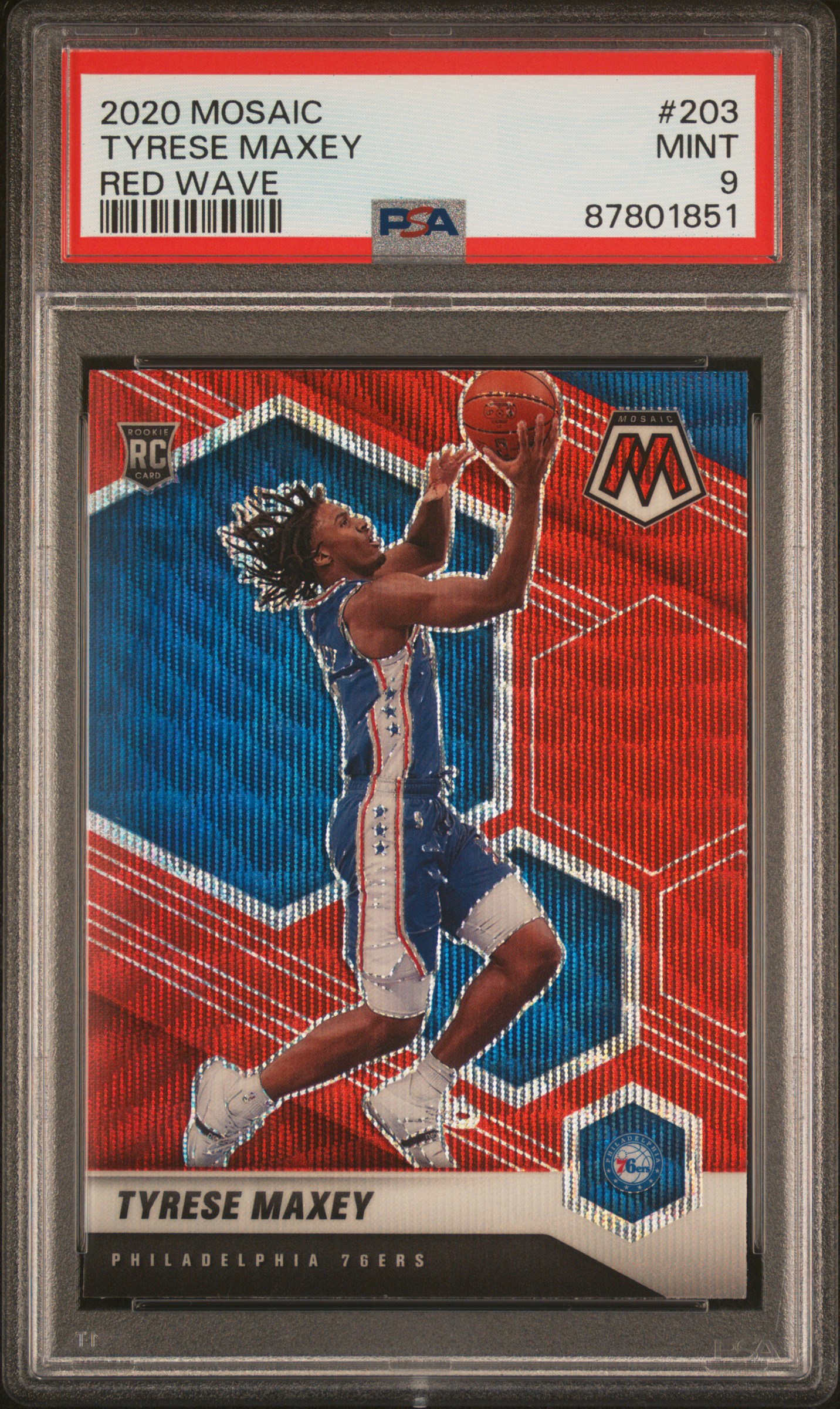 2020-21 Panini Mosaic Red Wave #203 Tyrese Maxey Rookie Card – PSA MINT 9