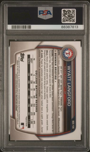 2023 Bowman Draft Sapphire Edition Wyatt Langford #Bdc106 Gem Mt 10 back