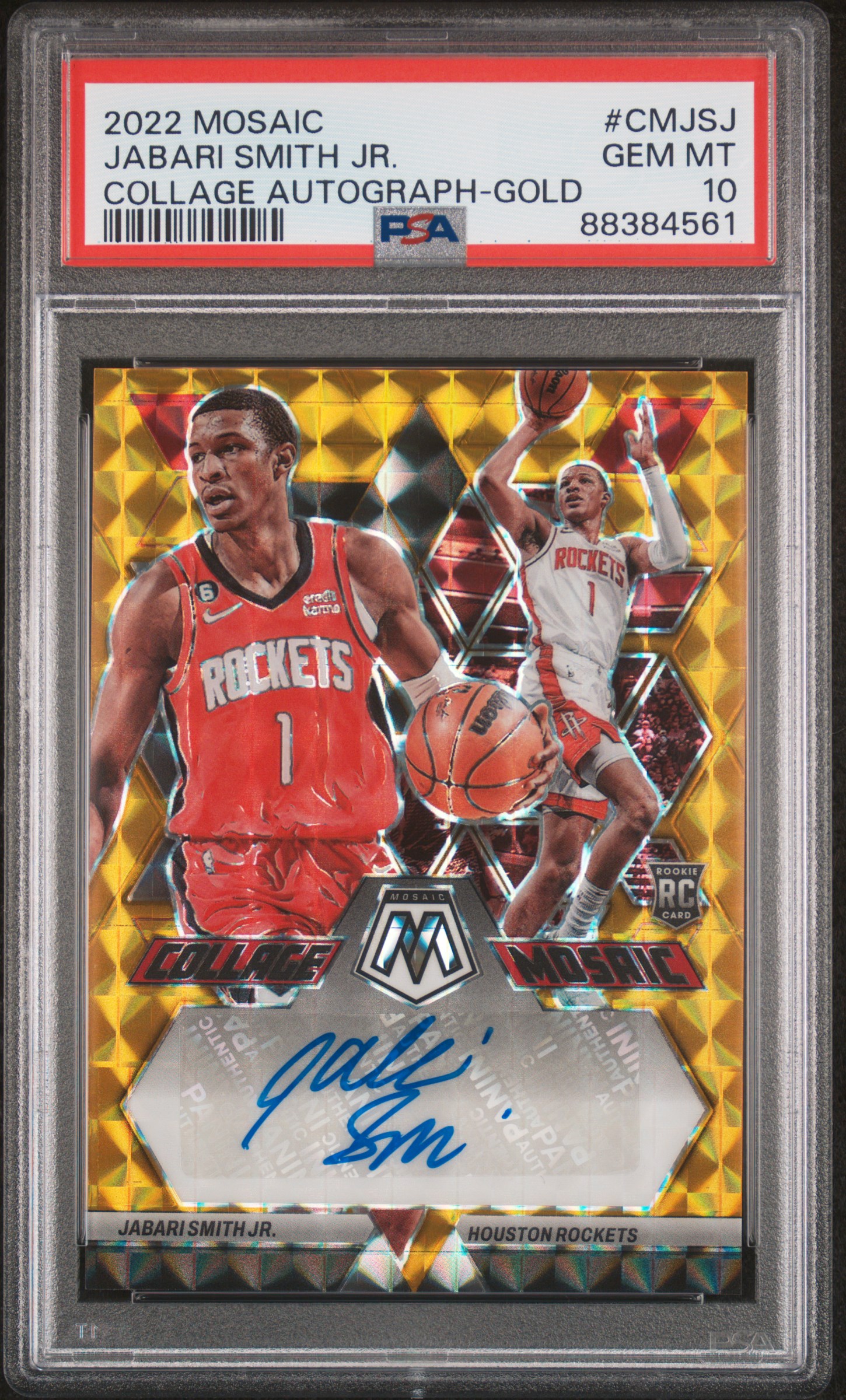 2022-23 Panini Mosaic Collage Autographs Mosaic Gold #CMJSJ Jabari Smith Jr. Signed Rookie Card (#03/10) – PSA GEM MT 10