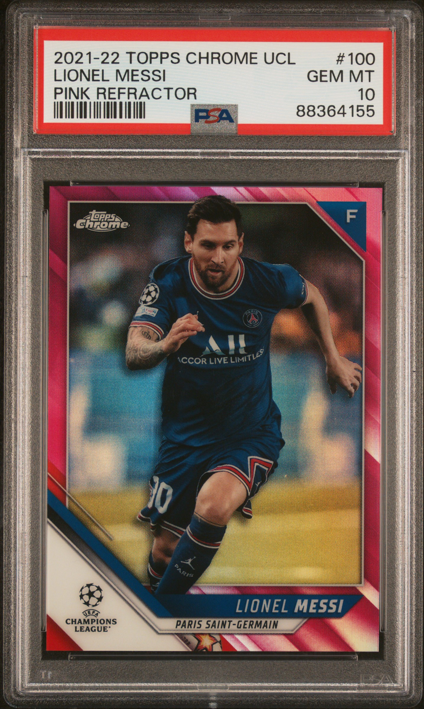 2021-22 Topps Chrome UEFA Champions League Pink Refractor #100 Lionel Messi (#160/175) – PSA GEM MT 10