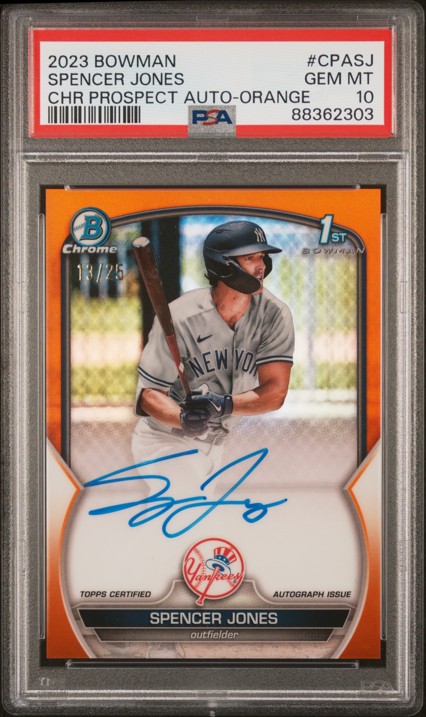 2023 Bowman Chrome Prospect Autographs Orange #CPASJ Spencer Jones Signed Rookie Card (#13/25) – PSA GEM MT 10