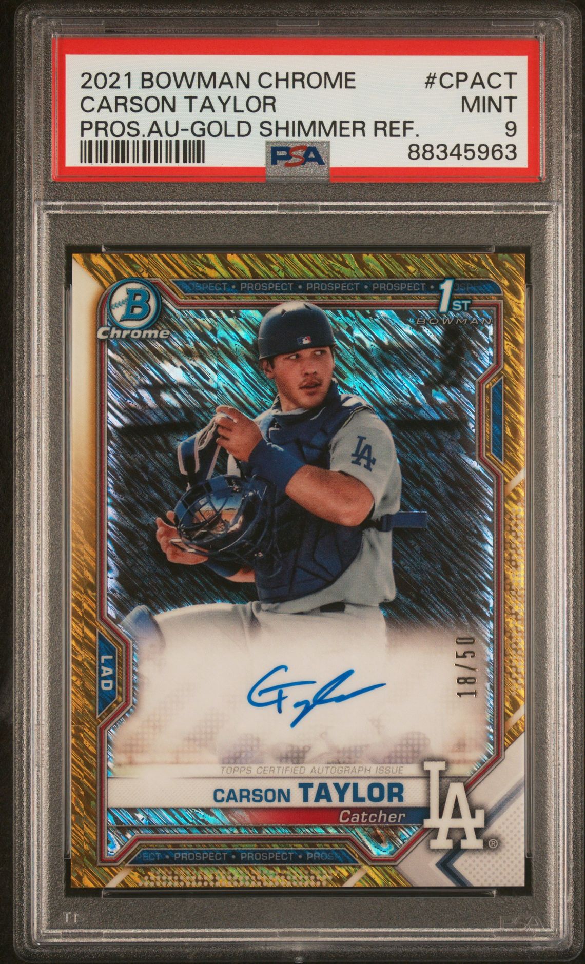 2021 Bowman Chrome Prospect Autographs Carson Taylor #Cpact (Pros.au-Gold Shimmer Ref.) Mint 9 front