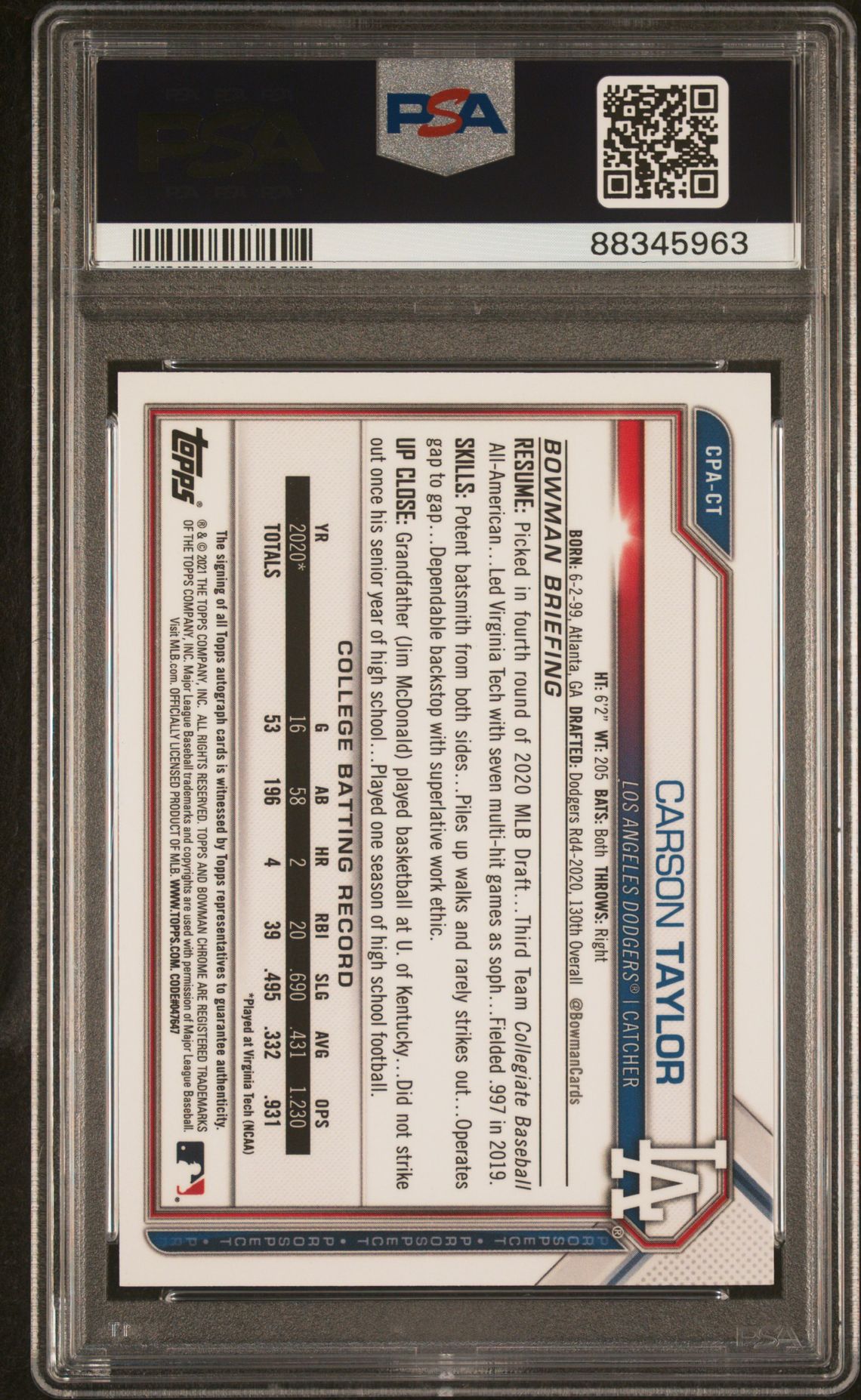 2021 Bowman Chrome Prospect Autographs Carson Taylor #Cpact (Pros.au-Gold Shimmer Ref.) Mint 9 back