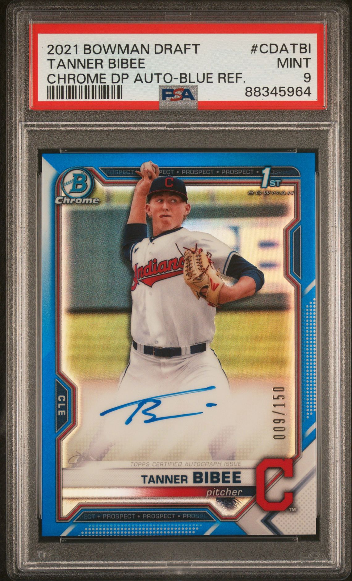2021 Bowman Draft Chrome Draft Pick Autographs Tanner Bibee #Cdatbi (Chrome Dp Auto-Blue Ref.) Mint 9 front