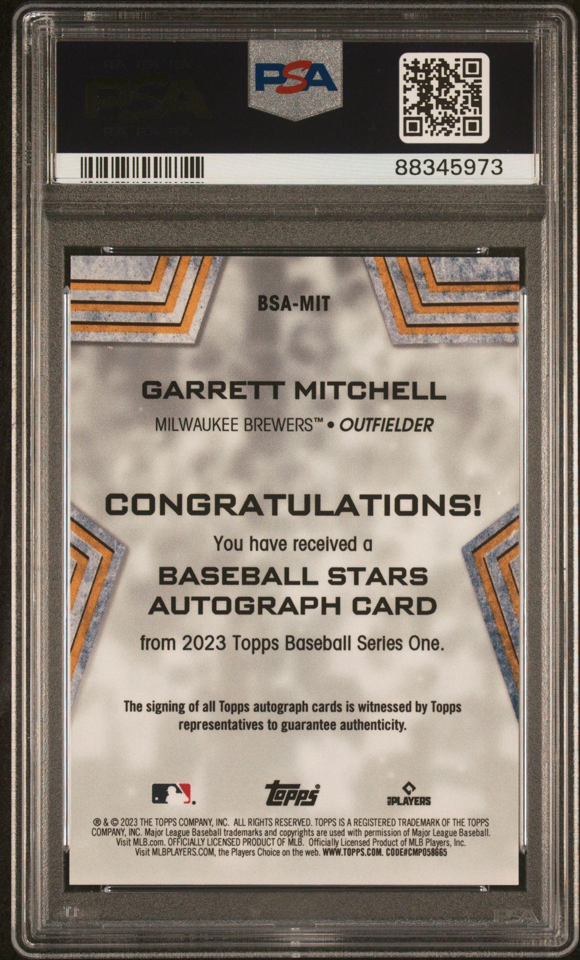 2023 Topps Baseball Stars Autographs Garrett Mitchell #Bsamit (Baseball Stars Autograph) Gem Mt 10 back