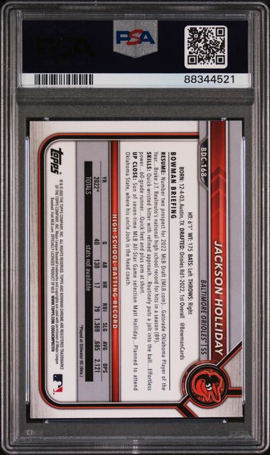 2022 Bowman Draft Jackson Holliday #Bdc168 (Chrome) Gem Mt 10 back