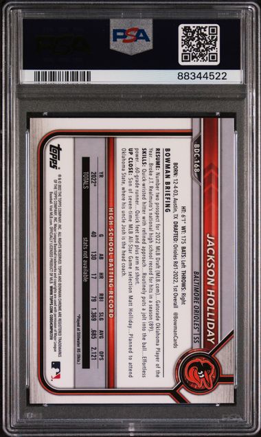 2022 Bowman Draft Jackson Holliday #Bdc168 (Chrome) Gem Mt 10 back