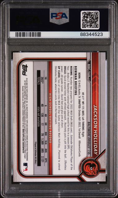 2022 Bowman Draft Jackson Holliday #Bdc168 (Chrome) Gem Mt 10 back