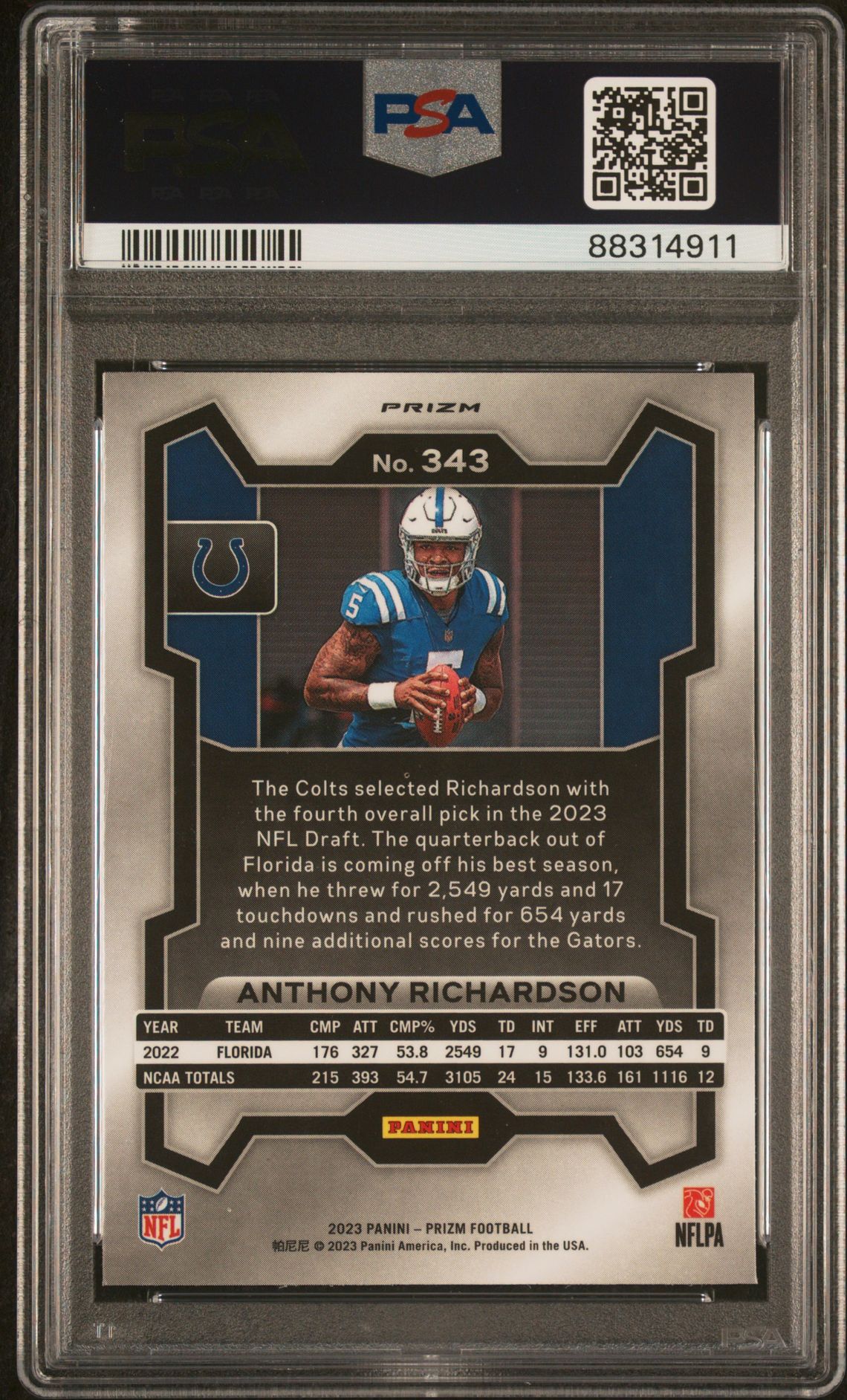 2023 Panini Prizm Anthony Richardson #343 (Disco Prizm) Gem Mt 10 back