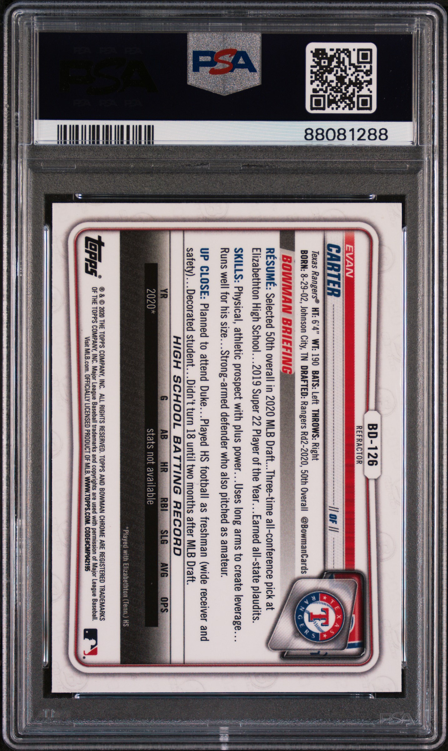 2020 Bowman Draft Evan Carter #Bd126 (Chrome-Refractor) Gem Mt 10 back