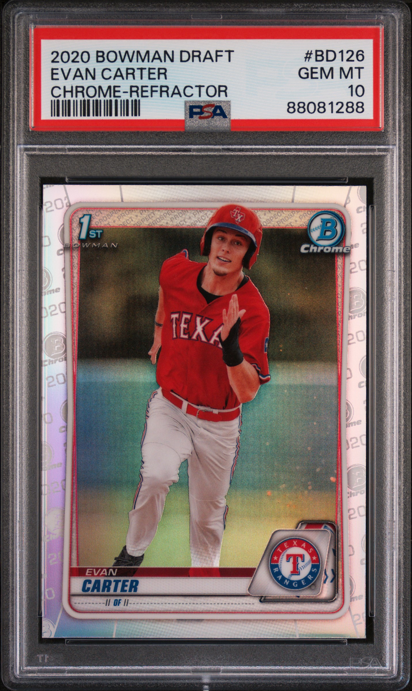 2020 Bowman Draft Evan Carter #Bd126 (Chrome-Refractor) Gem Mt 10 front