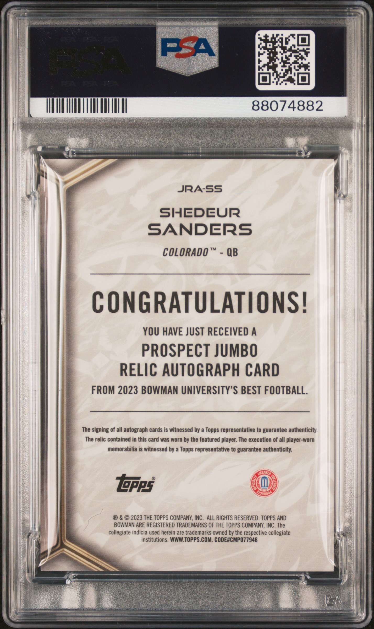 2023 Bowman University Best Prospect Jumbo Relic Autographs Shedeur Sanders #Jrass (Prospect Jumbo Rlc.au) Nm-Mt+ 8.5 back