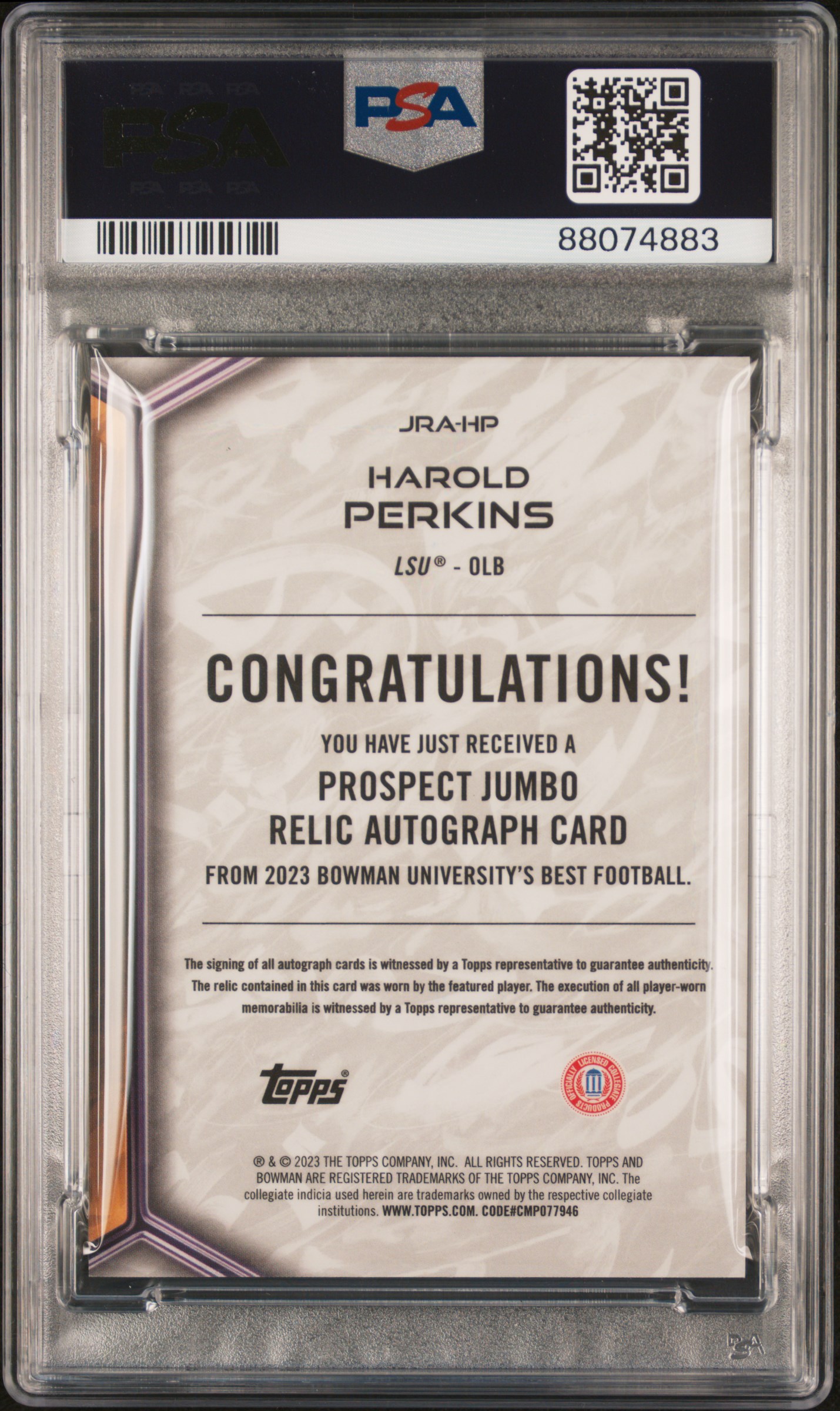 2023 Bowman University Best Prospect Jumbo Relic Autographs Harold Perkins #Jrahp (Prospect Jumbo Relic Autos) Nm-Mt 8 back