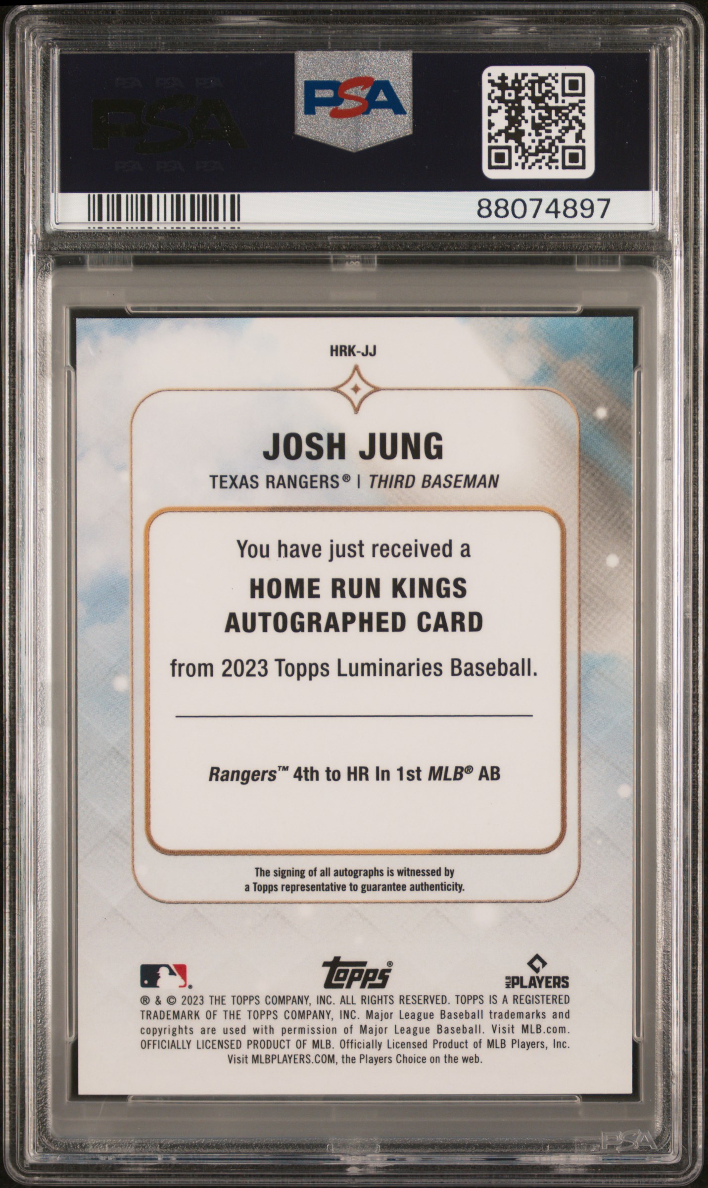 2023 Topps Luminaries Home Run Kings Autographs Josh Jung #Hrkjj (Home Run Kings Auto-Purple) Gem Mt 10 back
