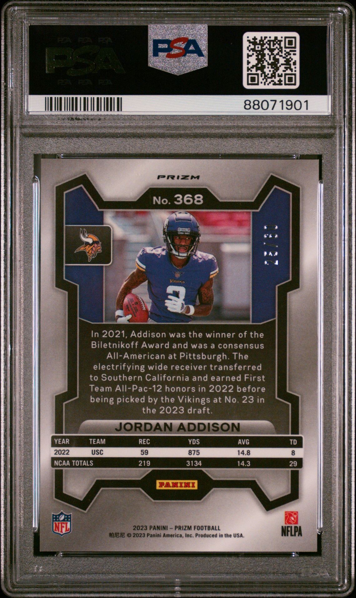 2023 Panini Prizm Jordan Addison #368 (Orange Wave) Gem Mt 10 back