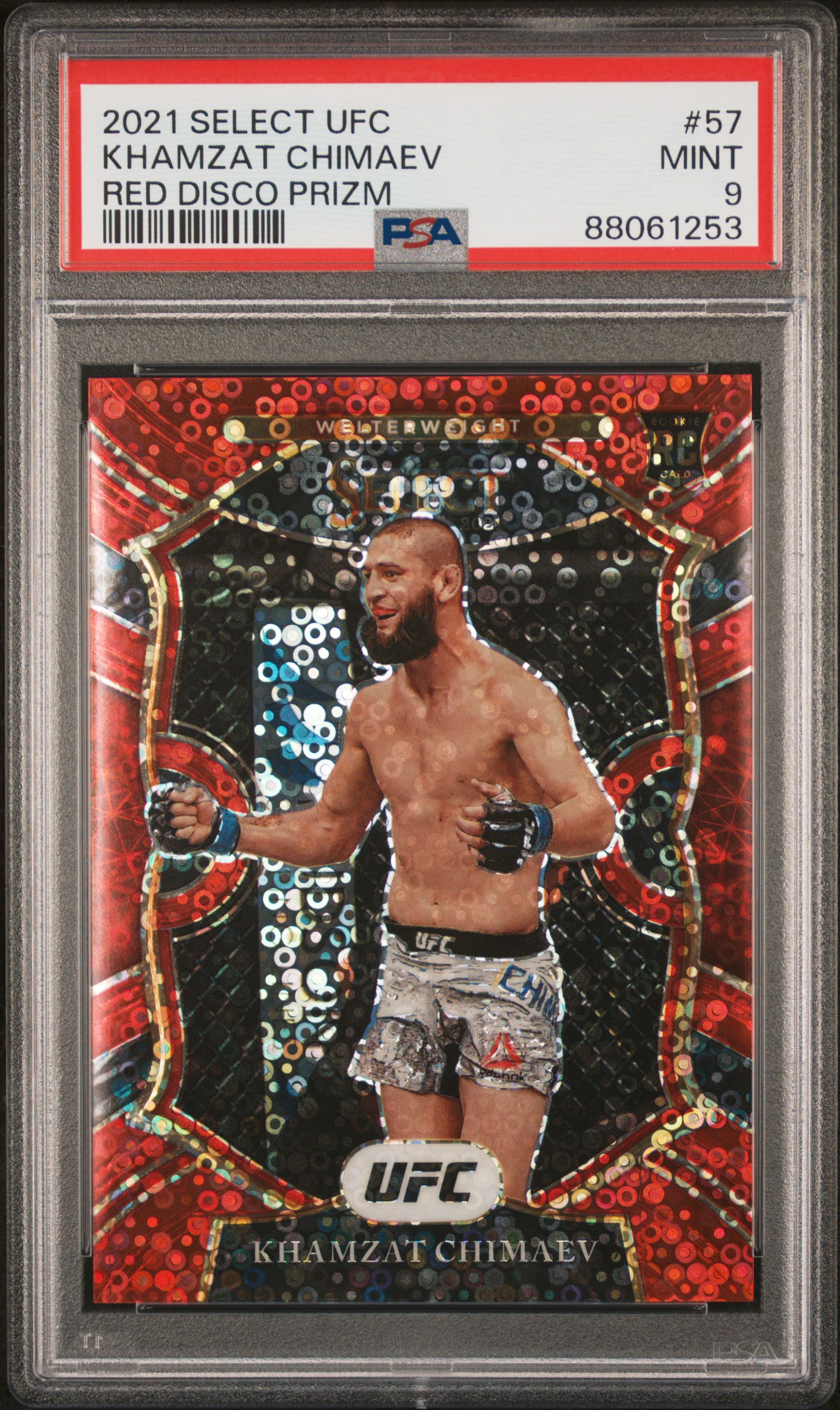 2021 Panini Select UFC Red Disco Prizm #57 Khamzat Chimaev Rookie Card (#079/199) – PSA MINT 9